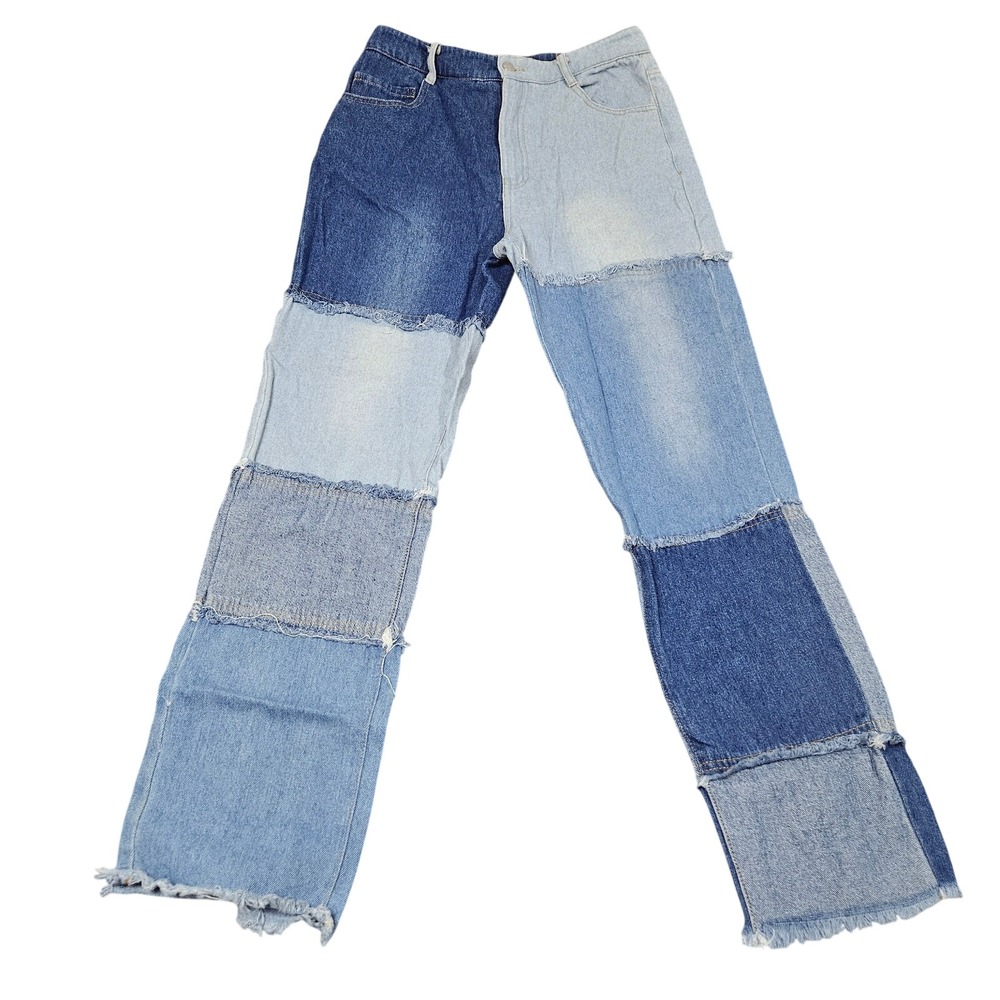 Steve Madden Patchwork Jeans Womens 26 Blue Raw Hem Festival‎ Boho Straight Leg